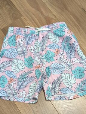 Quince Kids Pink Floral Swim Shorts with Teal Accents